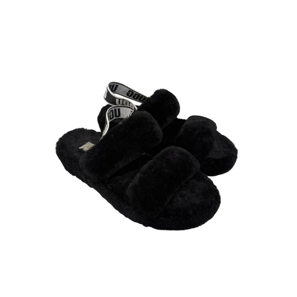 UGG Oh Fluffita Black Sheepskin Platform Slingback Slides Sandals Women 8